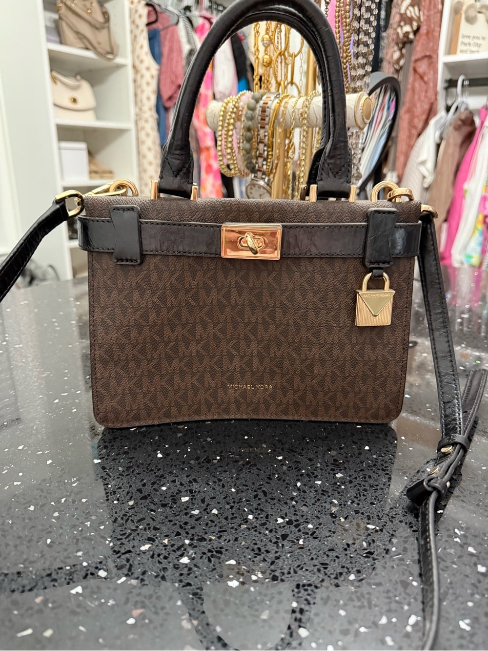 Michael Kors Brown MK Signature Satchel with Gold Hardware